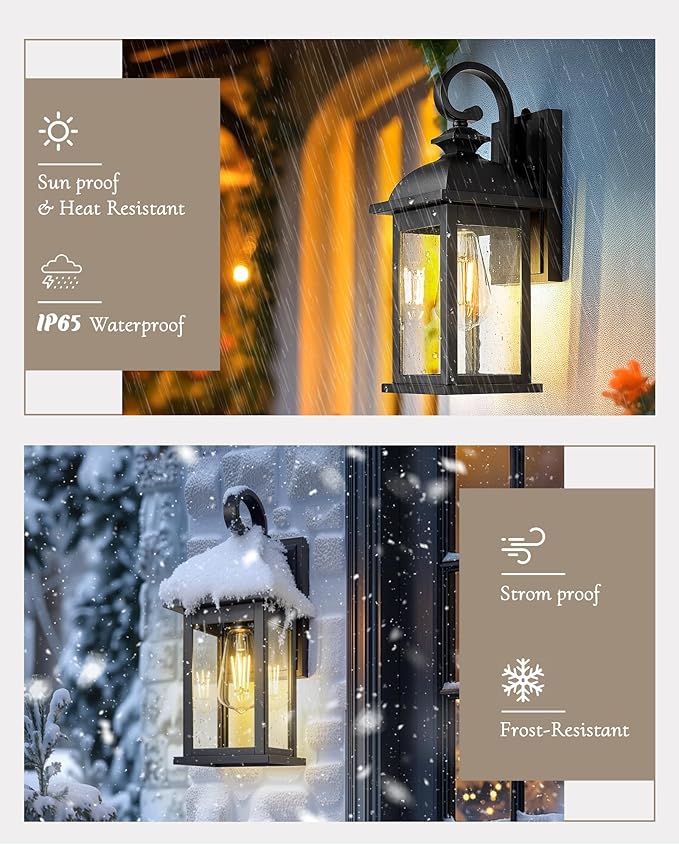 FEMILA Exterior Wall Sconce2 Packs Outdoor Waterproof Wall Lights FixtureE26 Socket Wall Lantern for PorchAnti-Rust Matte Black Finish with Seeded Glass Lampshade4FD54B-2PK BK