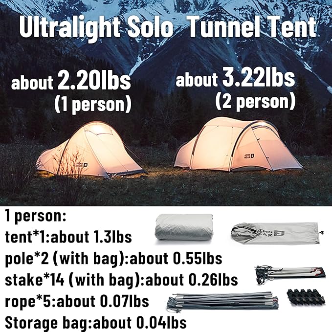 Naturehike 2.2lb/3.2lb Ultralight Backpacking Tent - 1/2 Person Waterproof Tunnel Tent with Lightweight Aluminum Pole Easy Setup One Man Tent for Camping Backpacking Hiking Hunting