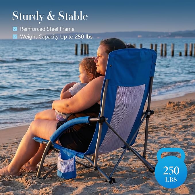 DUMOS Low Beach Chair for Adults Lightweight Folding Beach Chair with Cup Holder Storage Bag Breeze Mesh Back Padded Armrests Compact Low Profile Chair for Camp Picnic Lawn Sand