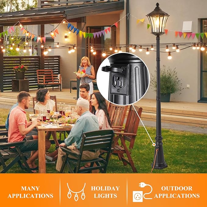 Outdoor Lamp Post Lights with Outlet Dusk to Dawn Pole Lamp with Patterned Glass Aluminum Waterproof Outside Street Light with Plug Hardwired Black Light Pole for Backyard Garden Driveway