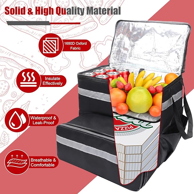 Food Delivery Backpack for Bike Expandable Pizza Bags for Delivery with 2 Pockets/ 2 Support Boards/Reflective Strip Insulated Delivery Backpack for Food