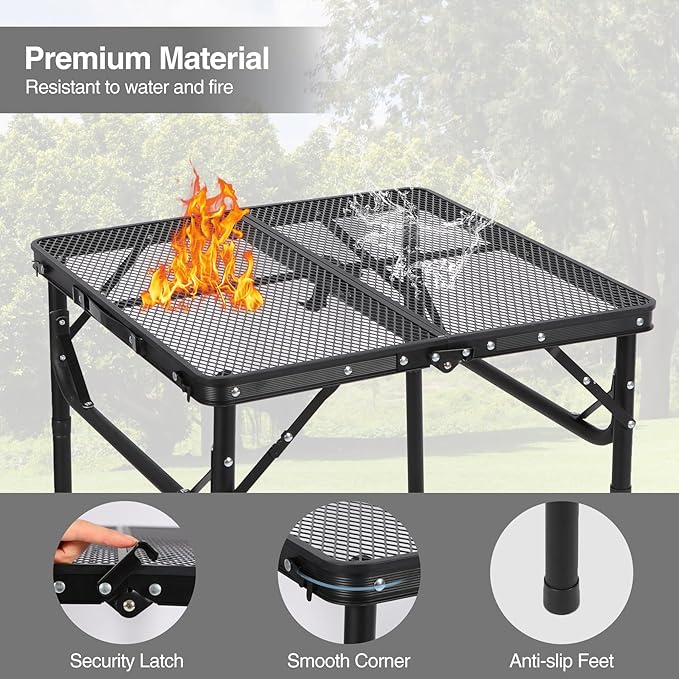RedSwing Portable Grill Table for Outside Aluminum Square Folding Grill Stand Table for Outdoor Camping Picnic BBQ Lightweight Adjustable Height 24x24 Black