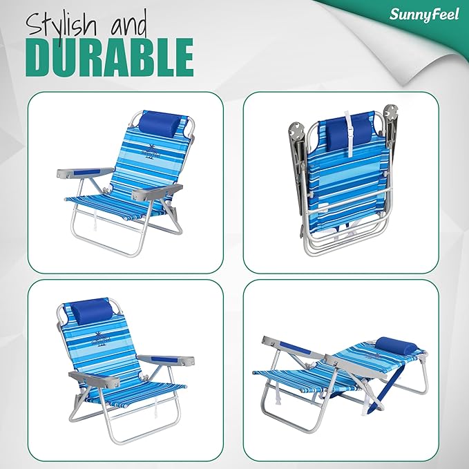 SUNNYFEEL Extra Wide 28 Low Beach Chair 2 Pack 5 Position Lay Flat XL Oversized Portable Folding Camping Chairs with Cup Holder for Outdoor/Trip Foldable Backpack Beach Chair for Adults