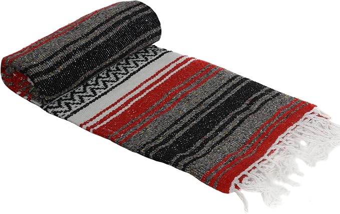 La Montana Mexican Blankets and Throws 4 Pack 74x50 - Made in Mexico Lightweight Yoga Blanket for Schools Studios Outdoors Camping Picnic Decor - Machine Washable Red/Charcoal/White