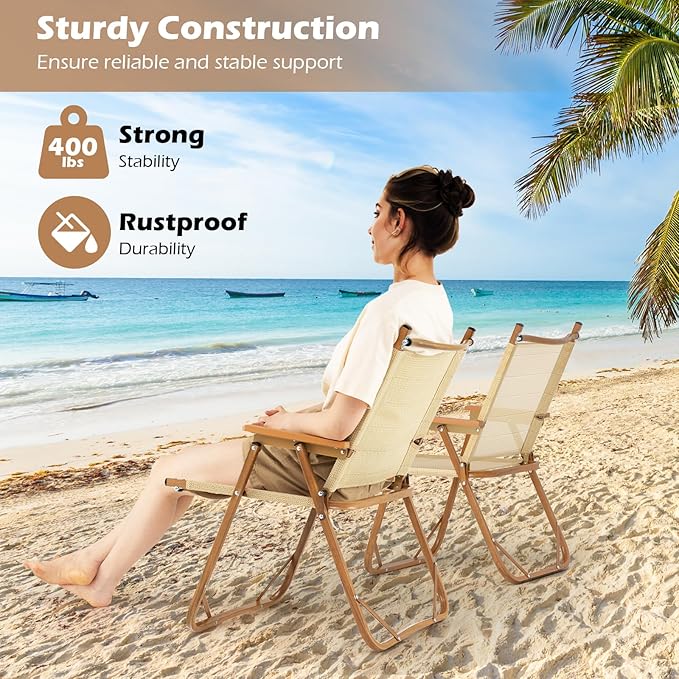 Goplus Folding Camp Chairs Lightweight Beach Chairs with Aluminum Frame Support 400 LBS Portable Lawn Chairs with Armrests for Outdoor (2)
