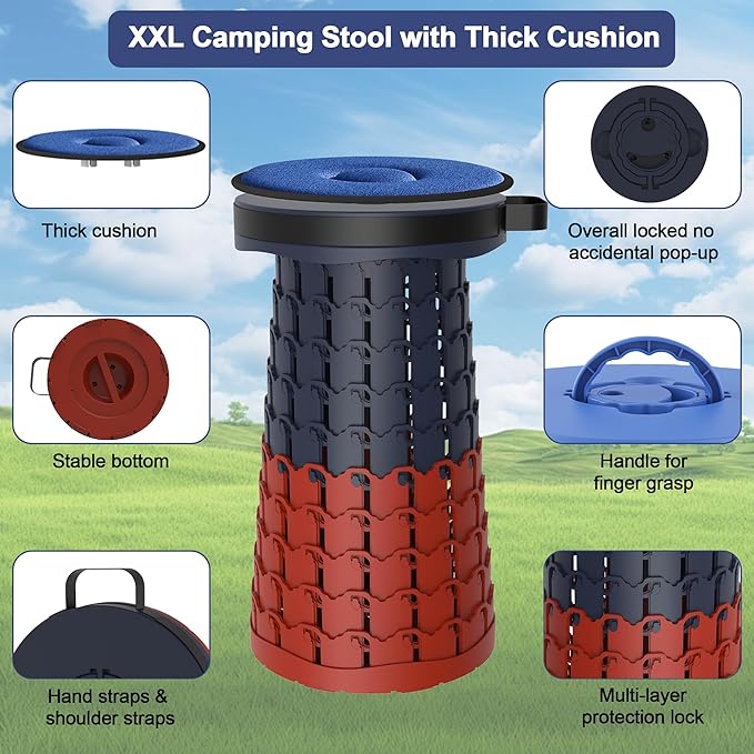 ALEVMOOM Upgraded XXL 19.7 Collapsible Stool with Cushion Heavy Duty Portable Folding Stool Max Load 1000 lbs Retractable Telescoping Foldable Seat Chair for Camping Fishing Travel