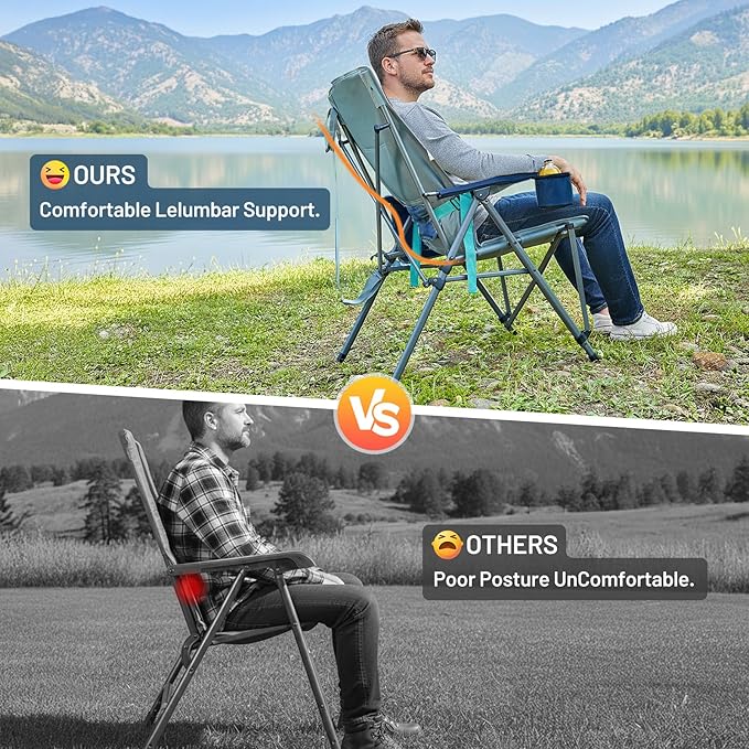 TIMBER RIDGE Oversized Camping Chair with Lumbar Support Portable Folding Chair Heavy Duty for Adults Supports 450 LBS for Outdoor Camping Lawn with High Back Cup Holder Side Pocket Blue