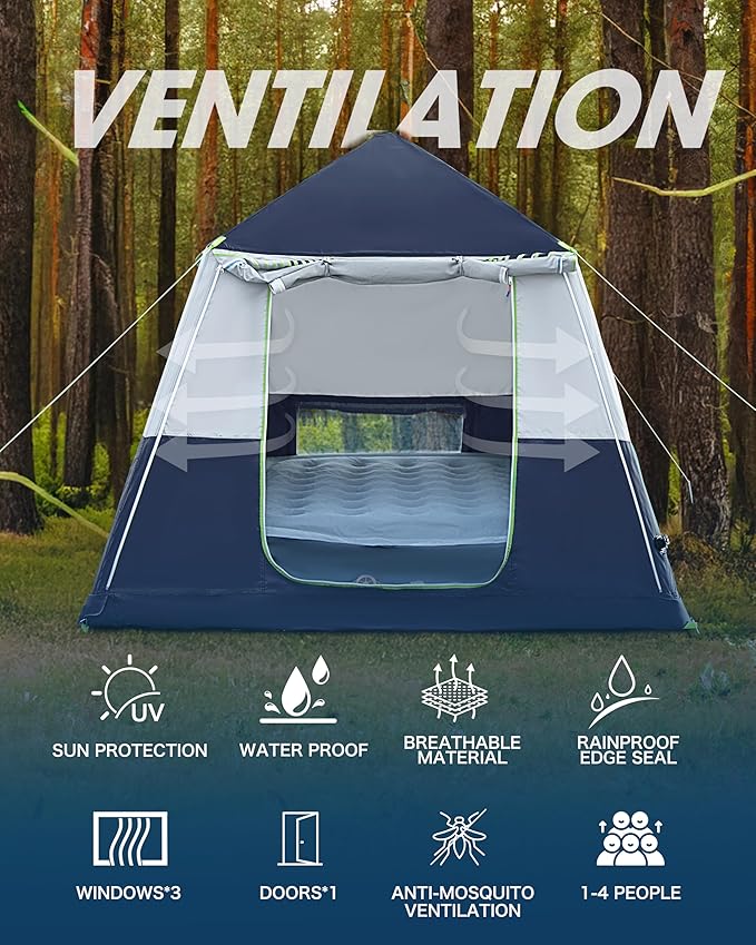 14.1'x6.5'x9' Inflatable Tents for Camping Portable 6/8/10 Person Blow Up Air Tent Waterproof Windproof Easy Setup Large Family Tent with 2 Doors 6 Windows Mosquito Screen