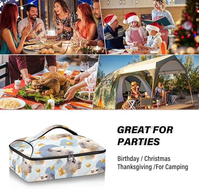 Casserole Carrier Pattern Cute CapybarasInsulated Casserole Carrier for Hot or Cold Food Thermal Lunch Tote for Potluck Parties Picnic Beach Fits 9 x 13 Inches Baking Dish