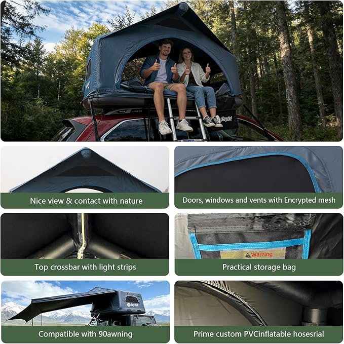 PlayDo Air Tents for Camping Rooftop Tent Easy Setup Inflatable Roof Tent Blow Up Car Top Tent for Pickup Truck SUV with Strip Light Ladder Air Mattress