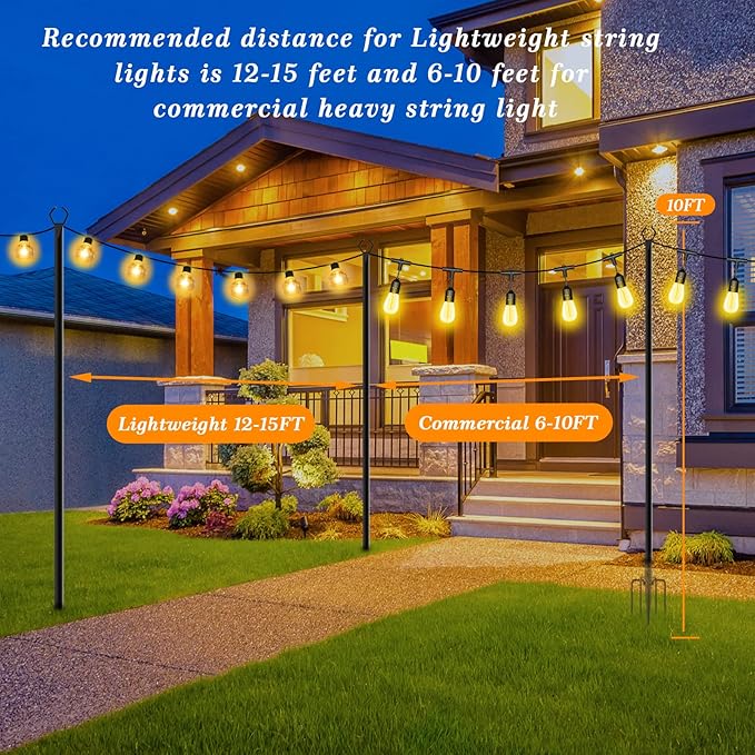2 Pack String Light Poles10 Ft Light Poles for Outside String LightsOutdoor Lights Pole with ForkMetal Poles Stand for Patio Deck Backyard (10FT 2 Pack)