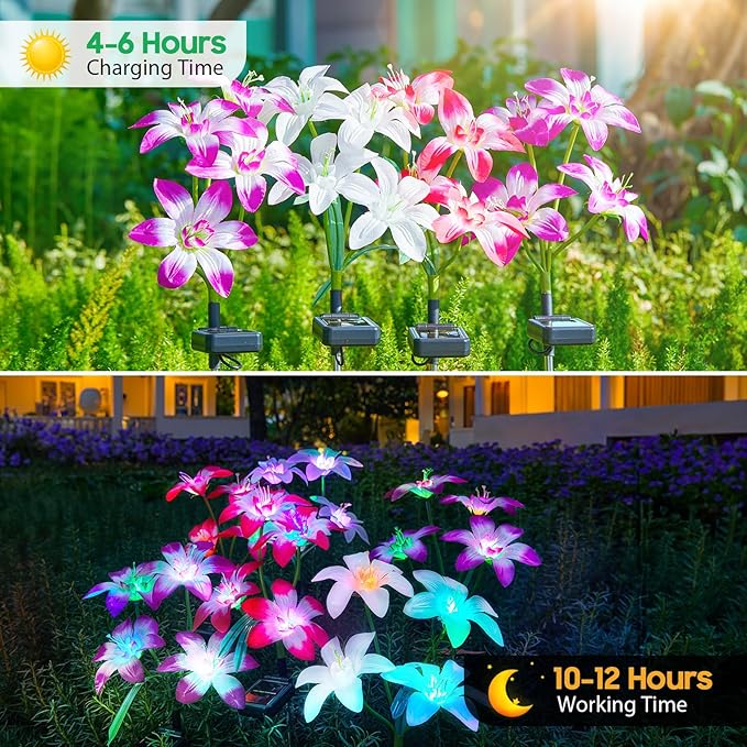 Solar Garden Lights Outdoor 4 Pack Blooming Lily Solar Flowers Outdoor Waterproof 7 Color Changing Bigger Flower Lights for Yard Patio Decor Gift for Mom