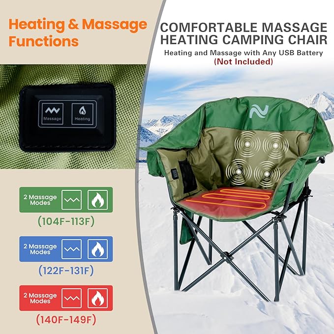 NAIZEA Heated Massage Camping ChairsHeated Outdoor Chair w/3 Heating Mode Oversized Heated Chair for Adults Heavy Duty Folding Camping Chairs for CampFishing Sports EventsNOT Included Battery