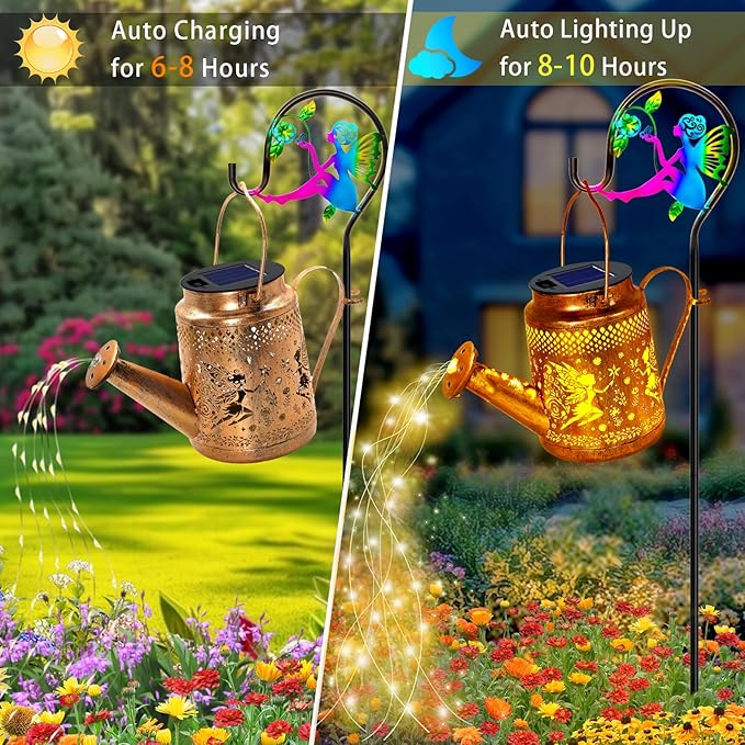ANGMLN Fariy Solar Lights Outdoor Waterproof Solar Watering Can Lights with Shepherd Hook Metal Angel Hanging Lantern Garden Decor Yard Outside Patio Lawn Gifts for Mom Grandma Women Birthday