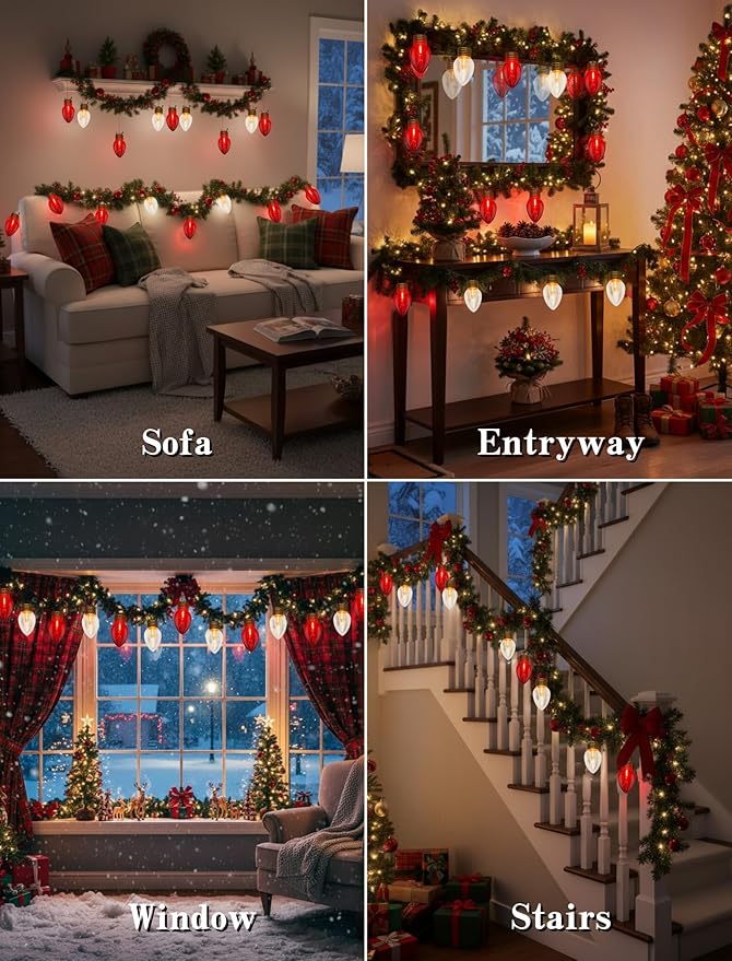 16FT Outdoor Christmas DecorationsJumbo Red and White Giant Christmas Lights Outdoor with 10 LED Clear Red and White Bulbs for Tree Holiday Home Roof Yard Garden Decorations