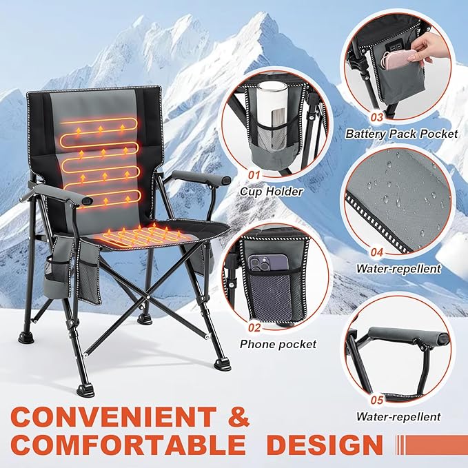 2 Pack Heated Camping Chair for Adults Outdoor Folding Heated Chair with Side Pocket and Cup Holder for Sports Lawn Hunting Picnics Patio Beach Power Bank Not Included