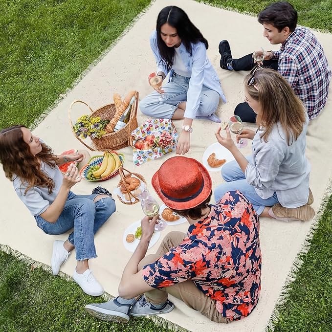 Extra Large Outdoor Picnic Blanket Oversize Beach Woven Cotton Yarn Blanket with Fringe Machine Washable Sandproof Portable for Spring Summer Camping Beach Park (Beige)