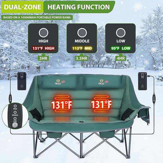 Nice C Heated Camping Chair with Battery Heated Double Camping Couch Oversized Thick Padded Loveseat Heated Camping Chair for Adults with Cooler Bag Bottle Opener Power Bank (Green)