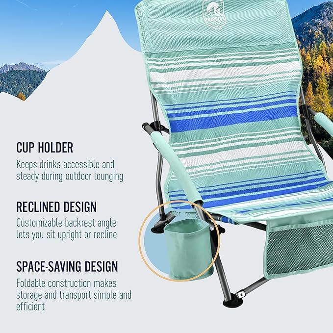 Low Profile Folding Beach Chair 2PK Mint Green Stripes