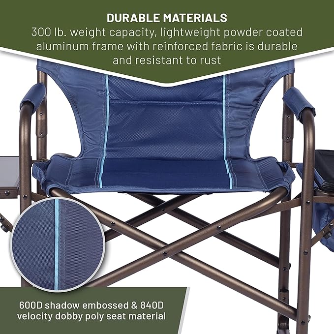 TIMBER RIDGE Folding Camping Chair with Cooler Bag Director Chair Foldable with Side Table for Adults Camp Chairs for Outdoor Lawn Sports Fishing Heavy Duty Supports 300lbs Blue