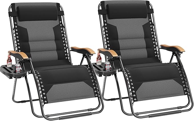 PHI VILLA XXL Oversized Padded Zero Gravity Chair Set of 2 Foldable Patio Recliner 30 Wide Seat Anti Gravity Lounger with Armrest and Cup Holder Support 400 LBS (Black)