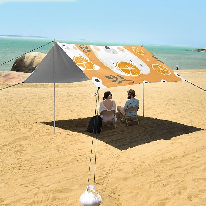 Cartoon White Bear and Orange Camping Sun Shelter Beach Tent Portable Beach Sun Shade Outdoor Canopy for Camping Trips Fishing Picnic