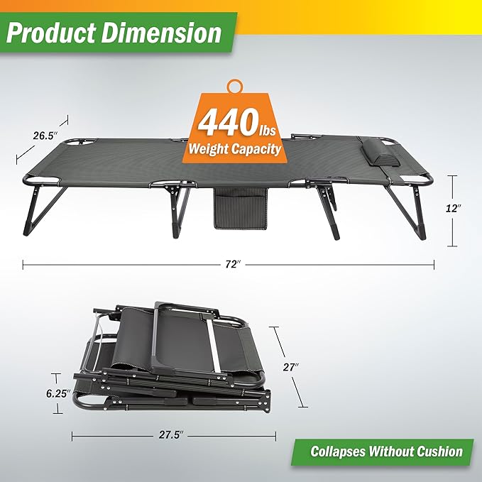 Folding Camping Cot with Mattress for Adults up to 440lbs - Heavy Duty Foldable Bed with Removable Cot Mattress and 3 Recline Positions for Travel Camp Beach or Guest Bed by Wakeman Outdoors (Gray)