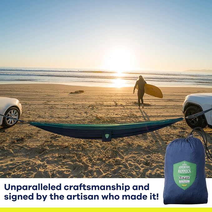 Handcrafted Adventure Parachute Hammock by Yellow Leaf Hammocks - Fits 1-2 PPL 400lb max - Weathersafe Super Strong Easy to Hang Ultrasoft Easy to Pack - Color: Blue and Green