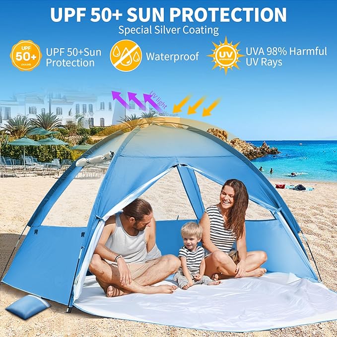 COVACURE 2026 New Upgraded Beach Tent Sun Shelter for 3-4 Person - UPF 50+ UV Protection Beach Shade Waterproof &amp Lightweight Easy Setup Portable Sun Canopy for Camping Fishing Beach(Blue)