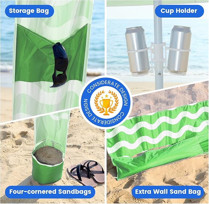 Zeraty Beach Cabana 8'×8' Portable Beach Canopy with Side Wall Easy Pop Up UPF 50+ Silver-Coated Beach Tent Sun Shelter Wind Resistant Adjustable Height Beach Umbrella Tent for Family Green