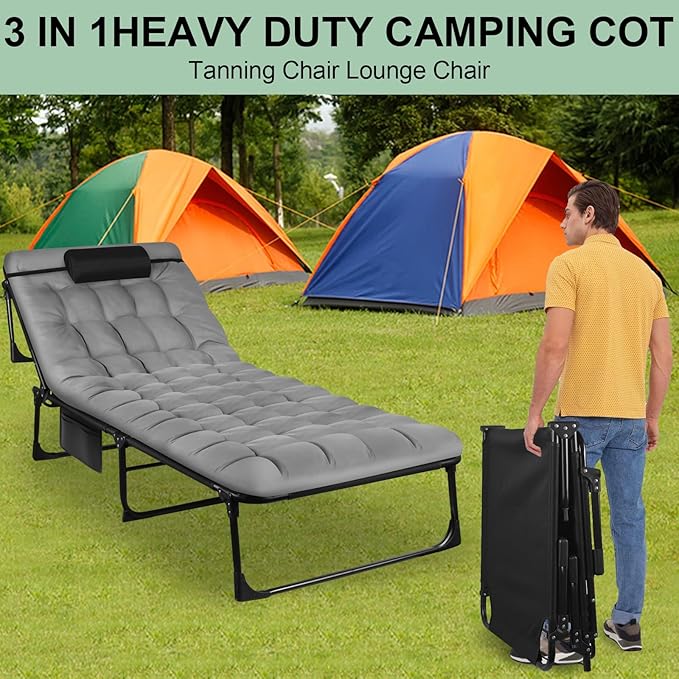 Foldable Camping Cots for Adults Adjustable 4-Position Adults Reclining Folding Chaise Outdoor Portable Folding Lounge Chair Sleeping Cots Bed with Pillow Mattress Carrying Bag for Camping Pool