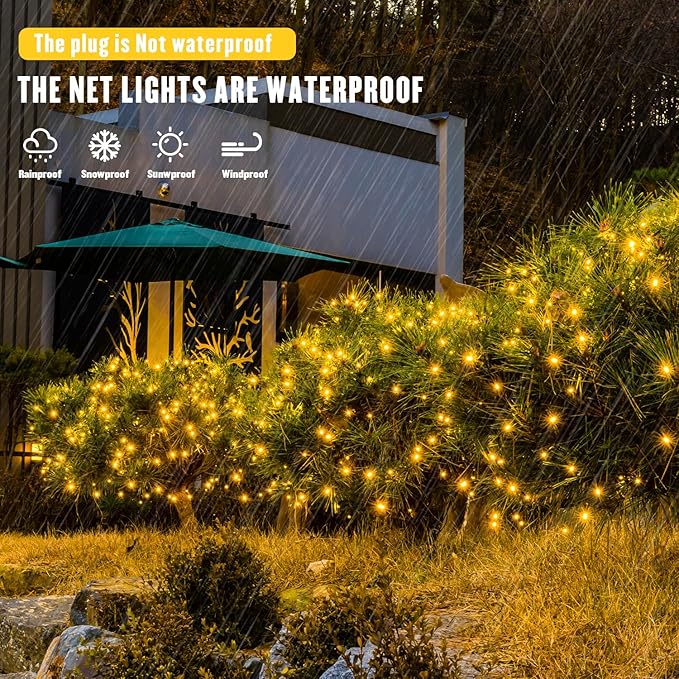 JMEXSUSS Outdoor Net Lights Waterproof 12ft x 5ft Plug in with 8 Modes Remoter 360 LED Net Lights for for Bush Patio Christmas Tree Decor (Clear Wire Warm White)