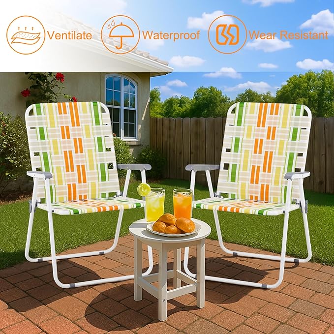 Outvita Webbed Lawn Chairs Set of 2 Foldable Metal Patio Chairs Stable Steel Outdoor Chair for Camping Fishing Beach Poolside Backyard and BBQ