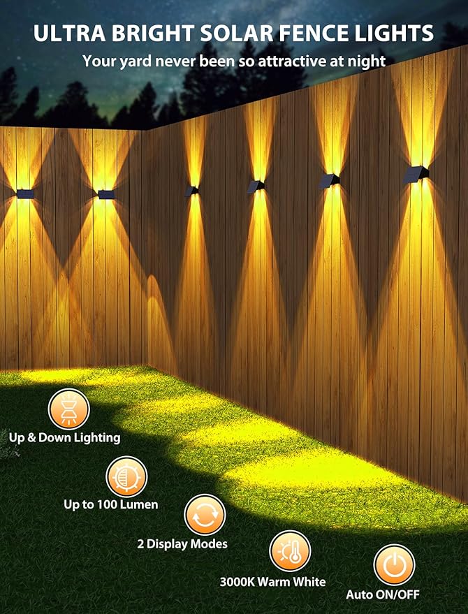 Solar Fence Lights12Pack Solar Lights Outdoor Warm White Up &amp Down Wall Lights Waterproof 100 Lumens Dusk to Dawn Solar Powered Fence Light for Outside/Backyard/Pool/Railing/Patio/Porch/Step