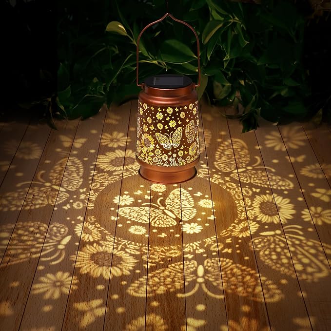 Butterfly Solar Lanterns Outdoor Waterproof Sunflower Garden Decor Birthday Gifts for Women Mom Grandma Hanging Solar Lights Metal Lantern Decoration Outside for PorchPatioYardBackyard