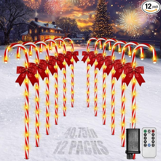 Christmas Candy Cane Pathway Lights 12PCS 120 LED Christmas Lights Outdoor Decorations with Red Bow Waterproof 8 Modes Timer Remote Christmas Walkway Light for Xmas Home Yard Lawn Patio Decor