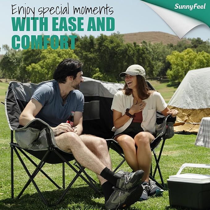 SUNNYFEEL Folding Double Camping Chair Oversized Loveseat Chair Heavy Duty Portable/Foldable Lawn Chair with Storage/Cooler for Outside/Outdoor/Travel/Picnic Fold Up Camp Chairs for Adults 2 People