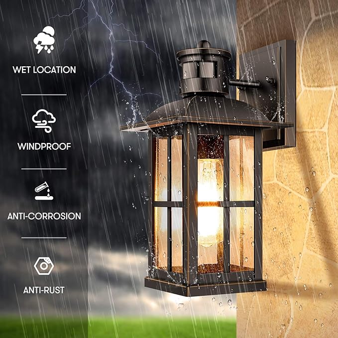 13in Motion Sensor Porch Light Anti-Rust 100% Aluminum Dusk to Dawn Outdoor Light Fixtures Exterior Wall Lantern Sconce Lighting Matte Black Outside Lights for House Wall Mount for Entryway Garage