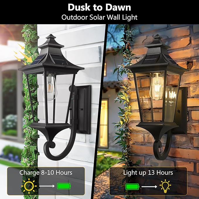 Emliviar Solar Exterior Front Porch Light with Remote Control 3 Lighting Modes Waterproof Solar Wall Lantern Auto On/Off Black Outside Light with Clear Glass 500181-SL BK