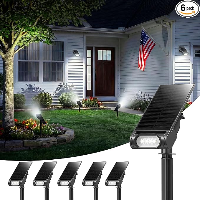 EZVALO Solar Spot Lights Outdoor IP67 Waterproof Adjustable Solar Landscape Lights 3 Lighting Modes Solar Spotlights for Outside Yard Garden Plant Trees Pathway Flag (Cool White-6Pack)