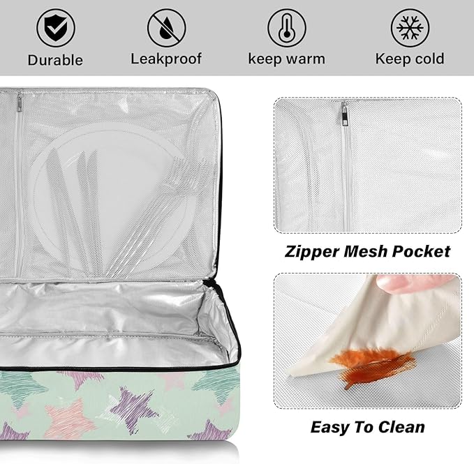 Casserole Carrier Green Stars PatternInsulated Casserole Carrier for Hot or Cold Food Thermal Lunch Tote for Potluck Parties Picnic Beach Fits 9 x 13 Inches Baking Dish