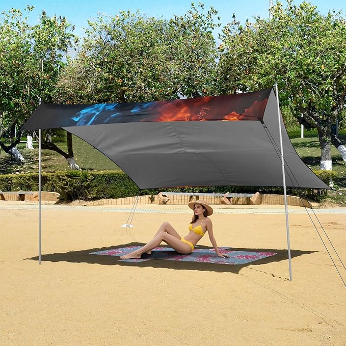 Red Blue Flame Beach Tent Sun Shelter 9.2' x 10.5' Beach Canopy with 4 Sandbags 4 Stability Poles Sand Shovels - Tent Canopy for Beach Camping Fishing Picnics