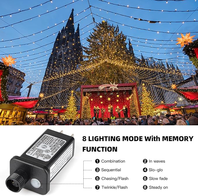 XTF2015 170FT 500 LED Christmas String Lights Christmas Lights End to End Plug 8 Modes Memory Function with Timer UL Certified Outdoor Indoor Fairy Light Christmas Tree Patio Party (Warm White)