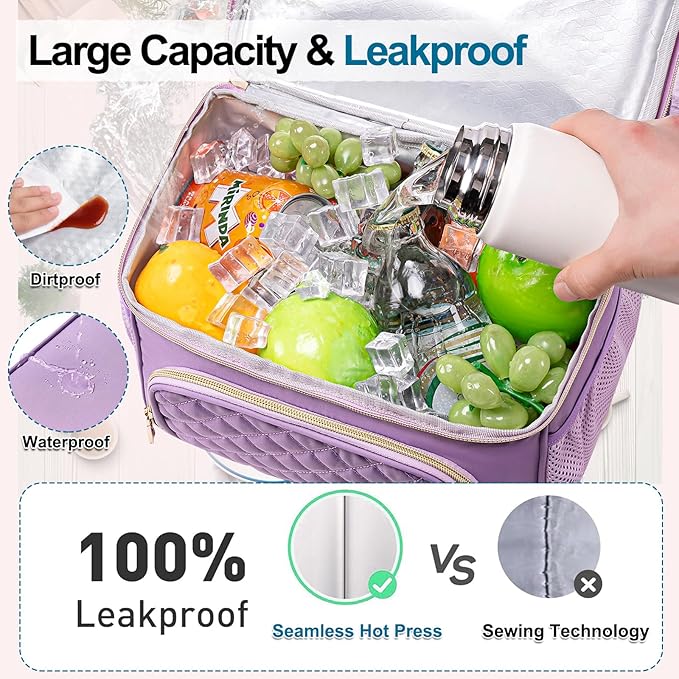 Lunch Bags for Women Dual Compartment Lunch Box Lunch Bag for Work Leakproof Lunch Cooler Large Insulated Lunchbox for Adult for Women Men Lunchbag for Picnic Beach (Purple)
