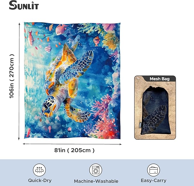 Sunlit Large Beach Blanket Waterproof Sand Proof 81 x106 Sand Free Beach Mat with Anchored Pockets and Storage Bag for Travel Beach Camping Outdoor Festival Deep Sea Turtle in Coral Reef