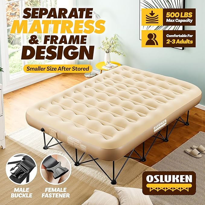 Queen Air Mattress with Frame &amp Built in Pump 500 LBS Self Inflating Air Bed Blow Up Bed Camping Cot with Mattress for Adults Portable Inflatable Bed for Guest Travel 80 x 60 x 9 25 Rais