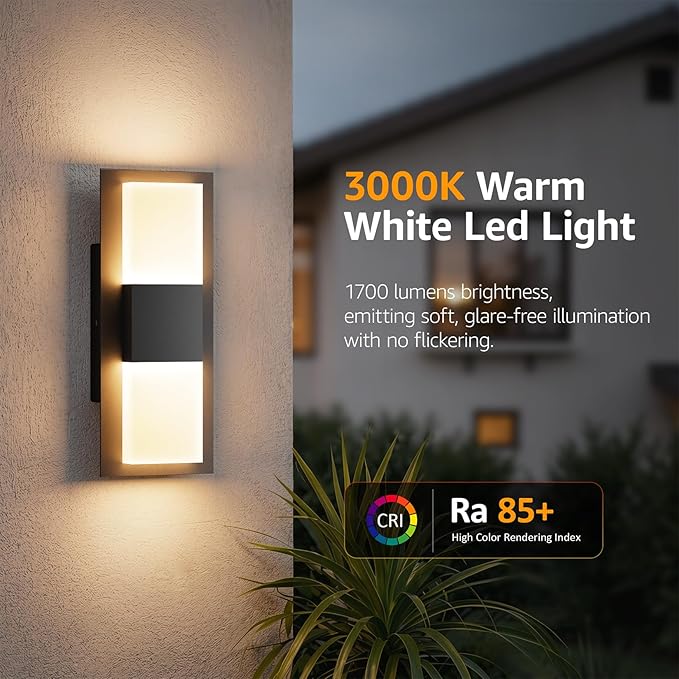 12.4 inches Outdoor Led Wall Light 30W 3000K Hardwired Porch &amp Patio Aluminum Sconces with Frosted Acrylic LampshadeIP65 Waterproof Exterior Wall Lamp for GarageFront Door(Black2Pack)