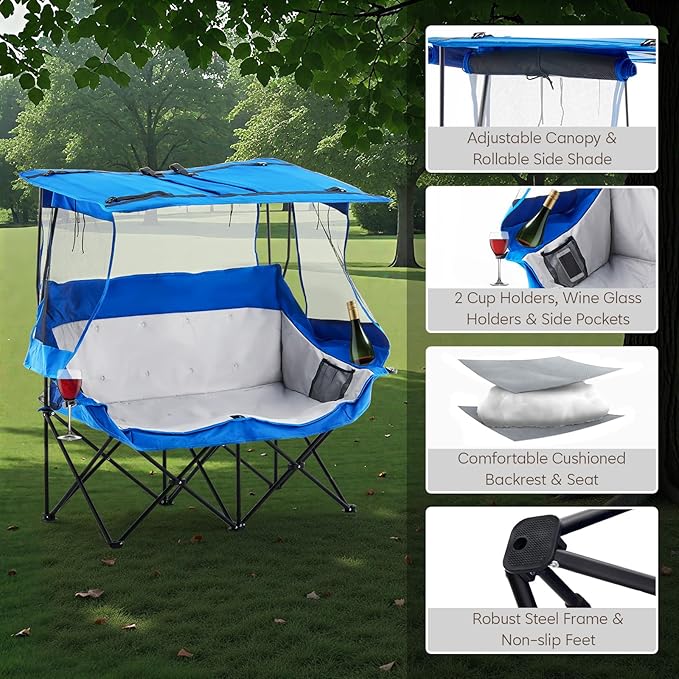 TUKAILAi Double Camping Chair with Canopy Shade Oversized Folding 2 Person Loveseat with Cup Holders and Side Pockets Portable Outdoor Couch for Beach Lawn Picnic Fishing (Blue + Grey)