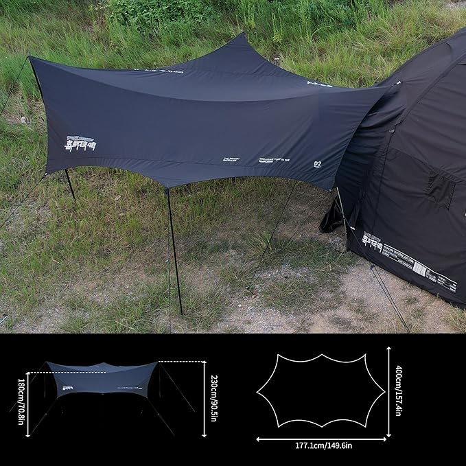 8-Point Cotton Camping Tarp with Iron Poles 210G Water-Repellent Fabric Roughly 15'5×14'9×7'6 UPF 50+ Sun Rain Shelter for Outdoor Travel Picnic