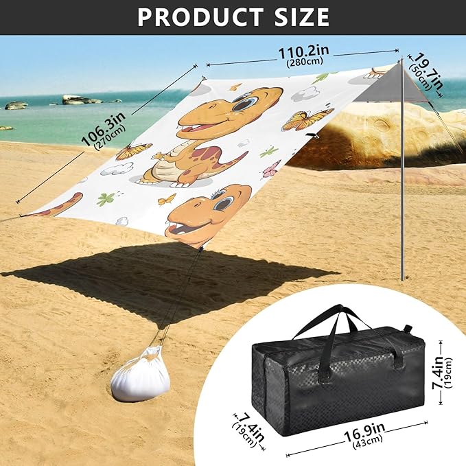 Cute Cartoon Dinosaur Butterfly Playing Camping Sun Shelter Beach Tent Portable Beach Sun Shade Outdoor Canopy for Camping Trips Fishing Picnic